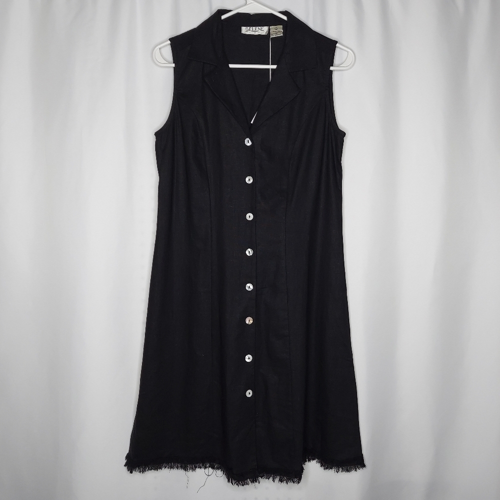Selene Sport Linen Sleeveless Full-Button Dress Small Black V-Neck Collar Fringe
